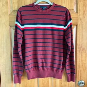 Men’s size medium gently used Tommy Hilfiger burgundy and navy striped sweater